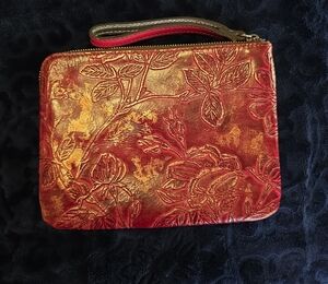 Patricia Nash Red and Gold Embossed Floral Wristlet